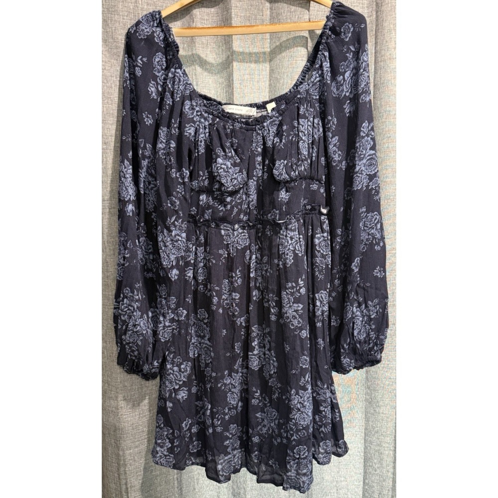 Alter'd State Blue Floral Mini Dress Long Sheer Selves Size L Smocked‎ Stretch